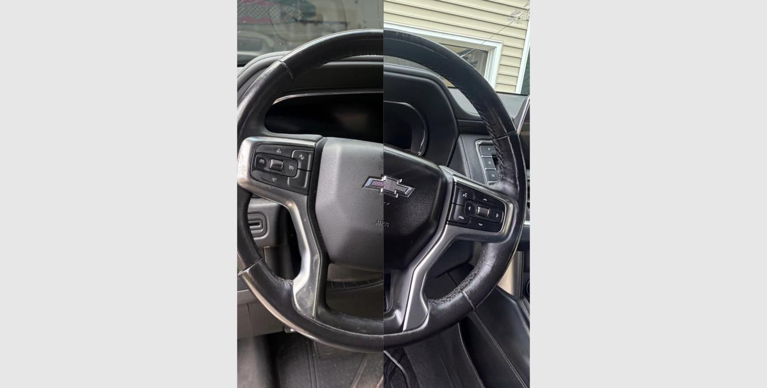 Boone Mobile Detailing Steering wheel before and after detail in Midlothian VA